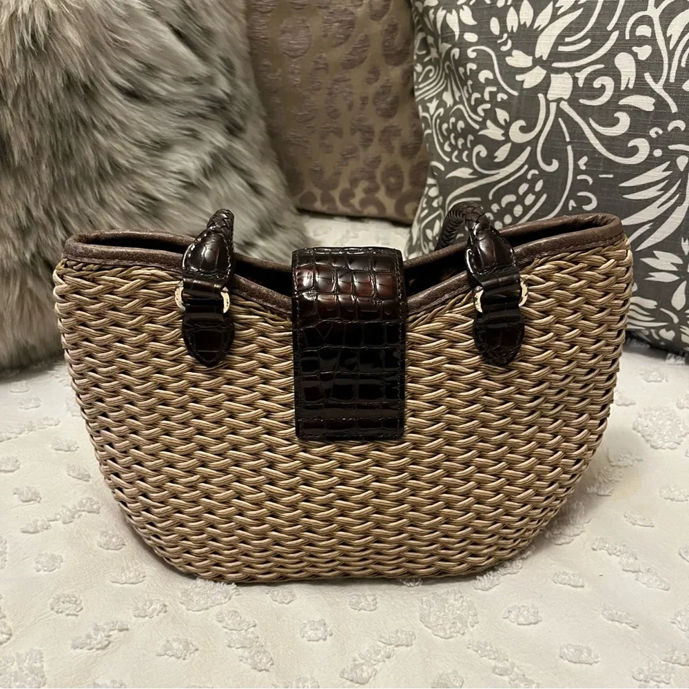 Brighton Basket Weave Brown Leather Braided Straps Croc Embossed Shoulder Bag